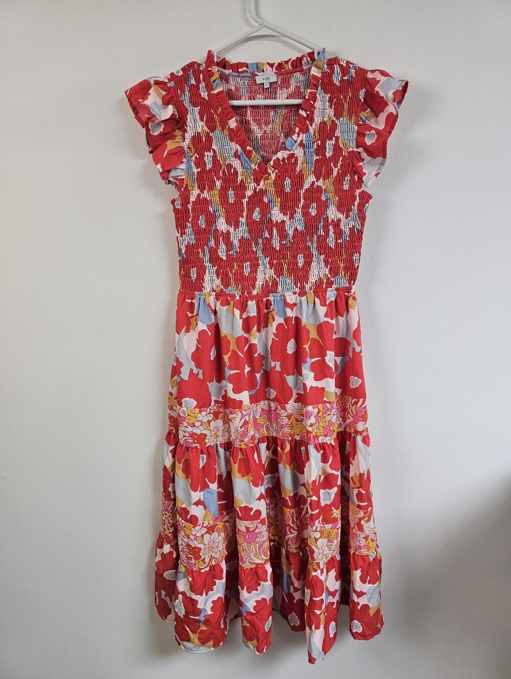 Voy Floral Smocked V-Neck Flutter Sleeve Midi Tiered Dress